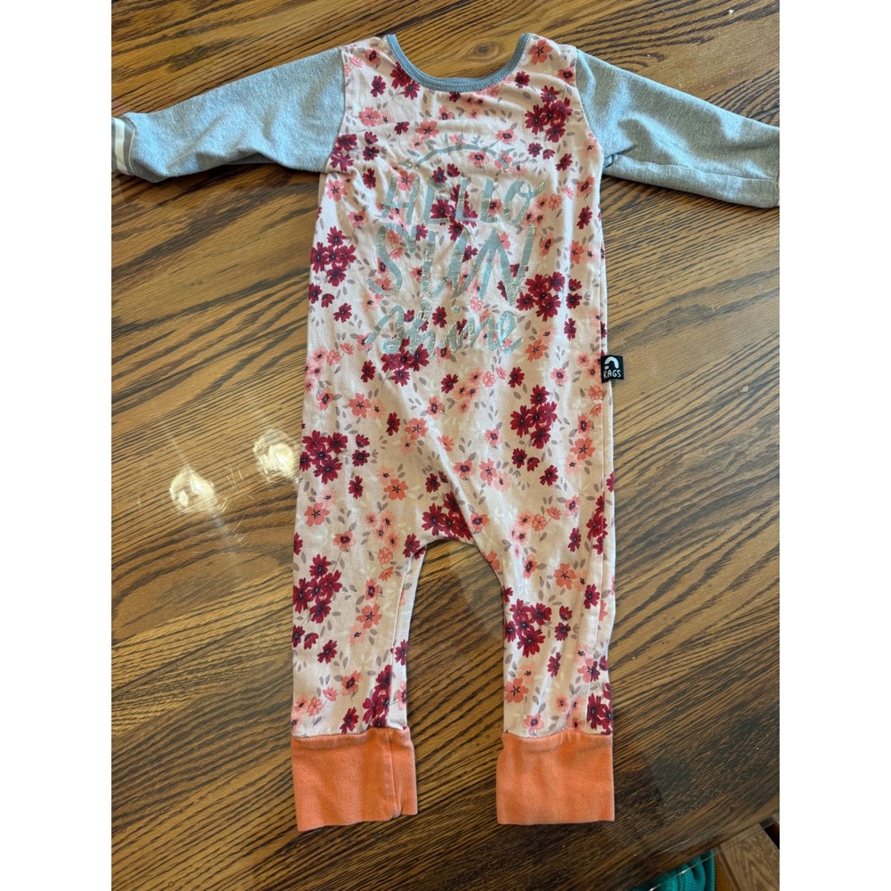 RAGS Romper Kids 6-12M Peach Floral Hello Sunshine Long Sleeve Raglan Sleeves